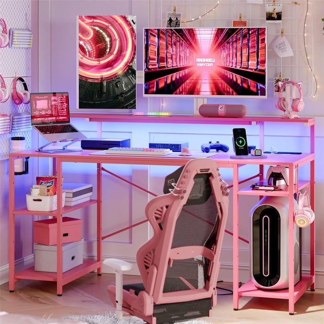 Bestier Gaming Desk with LED Light & Outlets 55" Computer Desk with Monitor Stand, Pink Carbon Fiber