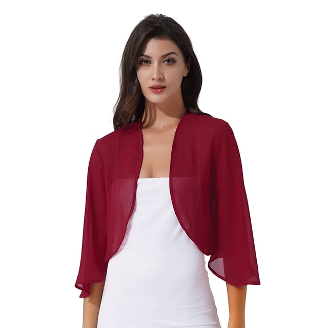 YUUMIN Boléro Shrug en Mousseline Douce Transparente à Manches 3/4 pour Femmes, Veste Cardigan Ouverte à l'Avant pour Robe de Soirée de Mariage, Bourgogne P