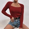 thumbnail image 2 of CEHVOM Femmes Ajusté Décontracté Uni Manches Longues Col Carré Chemises de Base Blouses Chaudes Hauts, 2 of 5