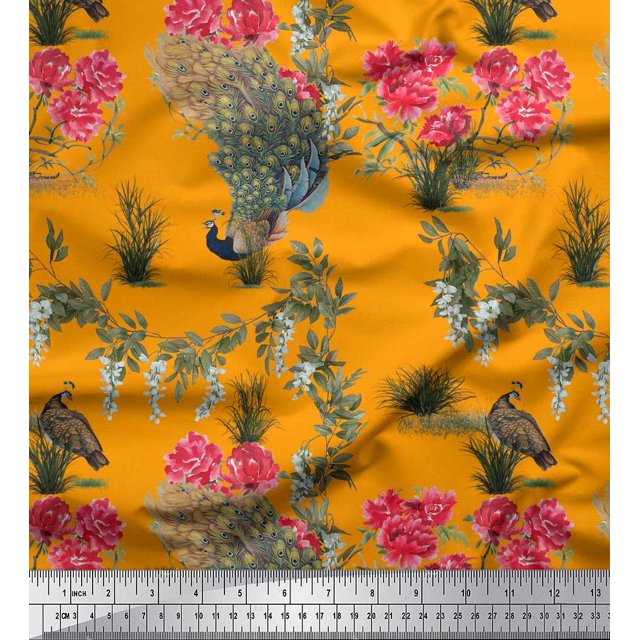 Soimoi Poly Georgette Fabric Leaves,Floral & Peacock Bird Print Fabric by The Yard 52 Inch Wide