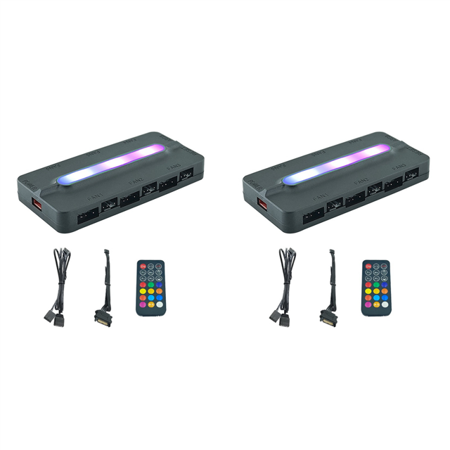 2X 5V/3Pin ARGB 4Pin Fan PWM HUB 1To6 Music Rhythm Temperature Controller Aura Sync Cooling Fan Remote Control Hub,2 x Controller 2 x Remote Control 4 x SATA Power Cable,Black