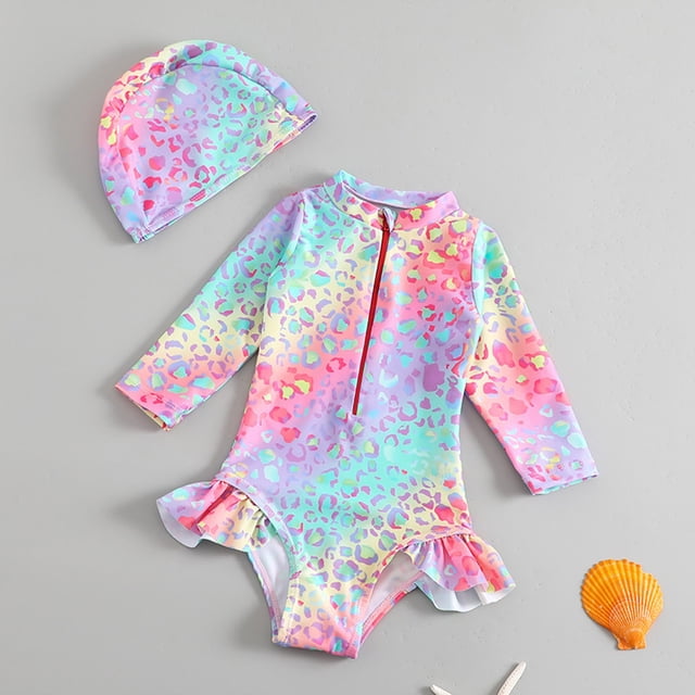 Toddler Girl Rash Guard Swimwear Hawaiian Ruffle Long Sleeve Sun Protection Girls Bathing Suit Girls 2-3 Years
