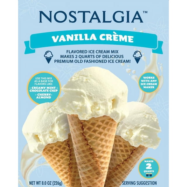 Nostalgia 2-Quart Premium Ice Cream Mix Vanilla single pack label featuring three vanilla crème ice cream scoops on waffle cones, highlighting it makes 2 quarts of creamy old fashioned ice cream compatible with any ice cream maker, suitable for homemade frozen desserts.