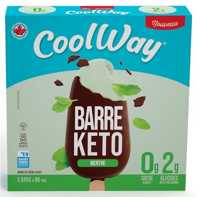 CoolWay Mint Keto Bar package with three 88ml mint-flavored ice cream bars coated in chocolate, containing 0g sugar and 2g net carbs per bar, gluten-free and kosher, a Canadian frozen dessert ideal for keto diets.