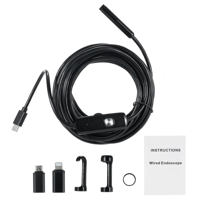 yeacher Dual-Lens Endoscope Camera for iPhone/iPad/Android - 1920P HD, IP68 Waterproof, 1M Rigid Cable, 8+1 Adjustable LEDs, Black AN112