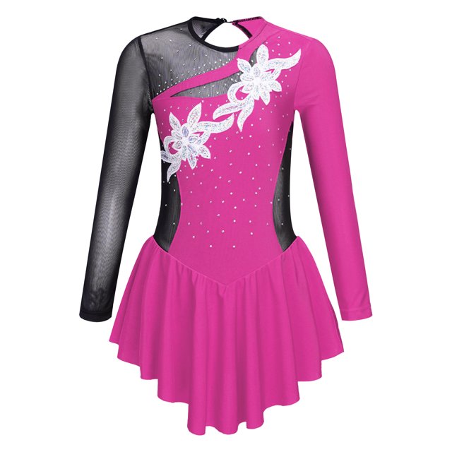 RUNQHUI Enfants Filles Manches Longues Ballet Danse Justaucorps Gymnastique Dos Creux Strass Sequins Rouleau Rose Vif 8