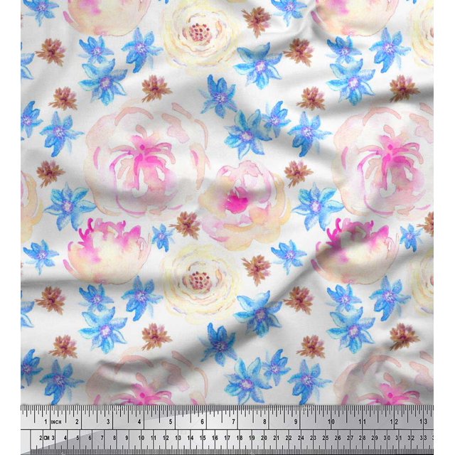 Soimoi Blue polyester Crepe Fabric Floral Decor Fabric Printed BTY 42 Inch Wide
