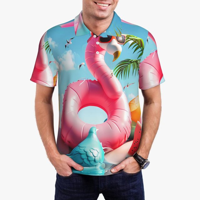 KLL Tropical Flamingo Pool Float Print Men's Short Sleeve Golf Polo,Three-Button Polo Shirts Summer Fashion Golf Shirt-Small