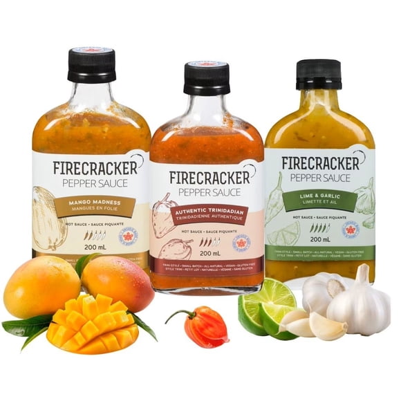 Firecracker Pepper Sauce Coffret de 3 Boissons Bright & Bold : Mango Madness 200 ml, Authentic Trinidadian 200 ml et Lime & Garlic 200 ml