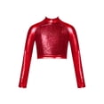 thumbnail image 1 of RUNQHUI Enfants Filles Col Roulé Métallique Haut Court de Danse Paillettes Brillantes Chemise à Manches Longues pour Danse Raves Festivals Sports Rouge 8, 1 of 5