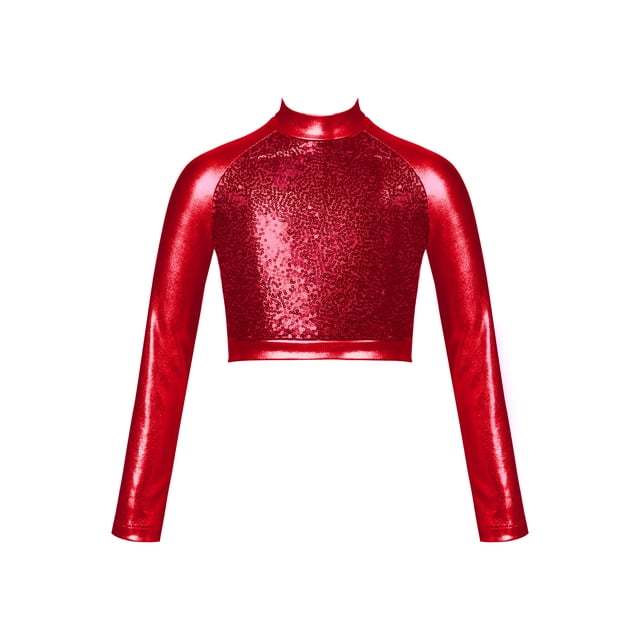RUNQHUI Enfants Filles Col Roulé Métallique Haut Court de Danse Paillettes Brillantes Chemise à Manches Longues pour Danse Raves Festivals Sports Rouge 8