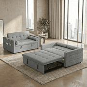 Studio 3‑in‑1 Convertible Sofa Bed, Pull Out Sleeper Sofa Couch with USB Ports, Adjustable Backrest, 2 Pillows, Small Linen Loveseat Futon Couch for Living Room, Apartment, Grey