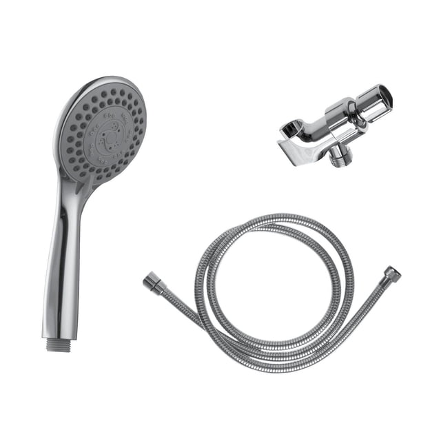 The akuaplus® - Kit 5 settings hand shower chrome finish features a round hand shower head with five spray settings, a 59-inch flexible double interlocking stainless steel hose with brass fittings, and a chrome hand shower holder with flow regulator and easy-to-clean soft nozzles.