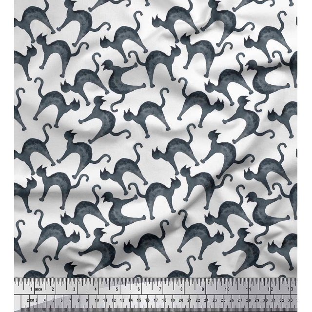 Soimoi White Rayon Fabric Cat Animal Print Fabric by Yard 42 Inch Wide