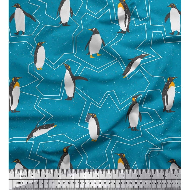 Soimoi Green Poly Georgette Fabric Penguin Ocean Decor Fabric Printed Yard 52 Inch Wide