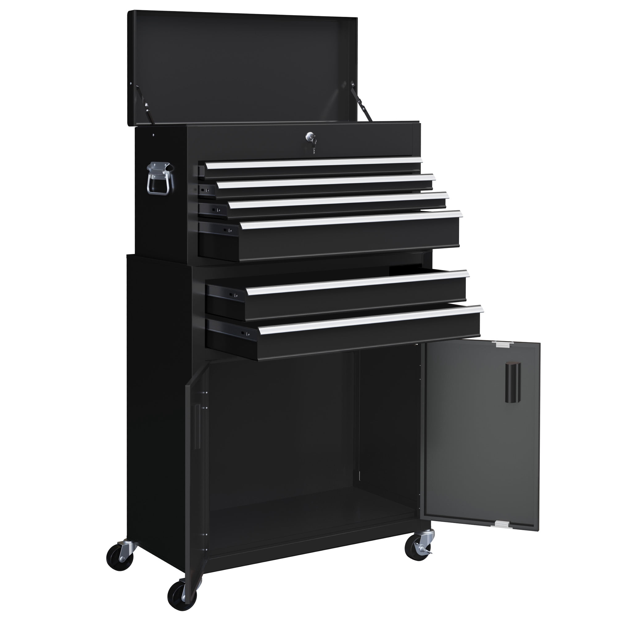 CoSoTower 6-Drawer Rolling Tool Chest, 2 in 1 Lockable Storage Cabinet with Hooks, Metal Tool Box for Garage, Workshop, Black