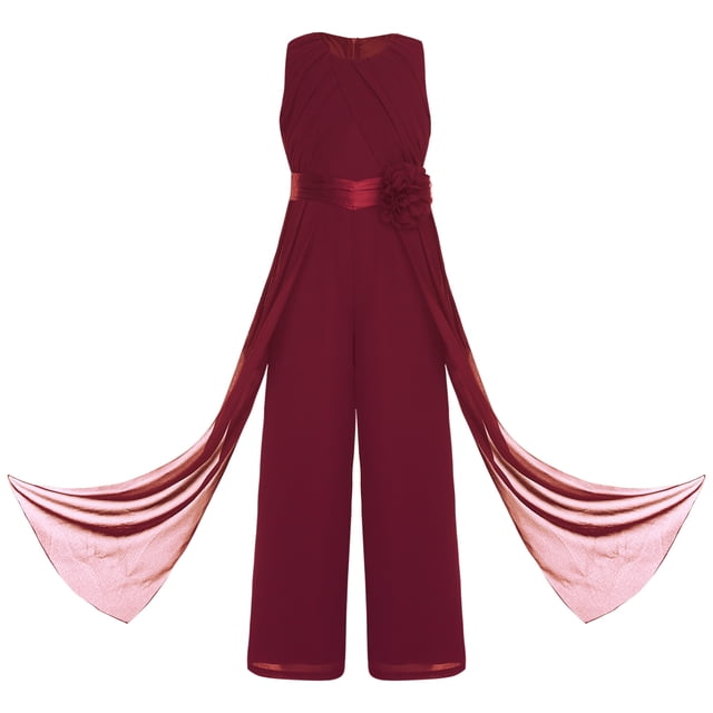 renvena Kids Girls Flower Wedding Party Bodysuit Ruffled Chiffon Pageant Banquet Rompers Summer Wide Leg Pants Jumpsuit Playsuit with Detachable Embellishment Burgundy 8