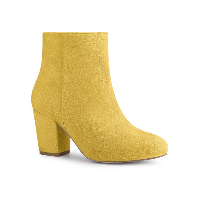 Unique Bargains Women's Side Zip Chunky Heel Ankle Boots Yellow US 8