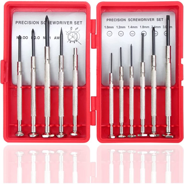 11PCS Mini Precision Screwdriver Set in an open red plastic toolbox, featuring durable silver handles and rust-proof black oxide shafts. Includes Phillips bits (PH00, PH0, PH1), flathead bits (1.0mm, 1.2mm, 1.4mm, 1.8mm, 2.4mm, 3.0mm), one awl bit, and one magnetic rod. Compact and ideal for electronics, toys, computer, and watch repair.