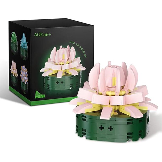 Potted Garden Pink Flowers Botanical Collection Set, 158 Pieces Modular Buildings, Decorative Home Office Creative Project Construction