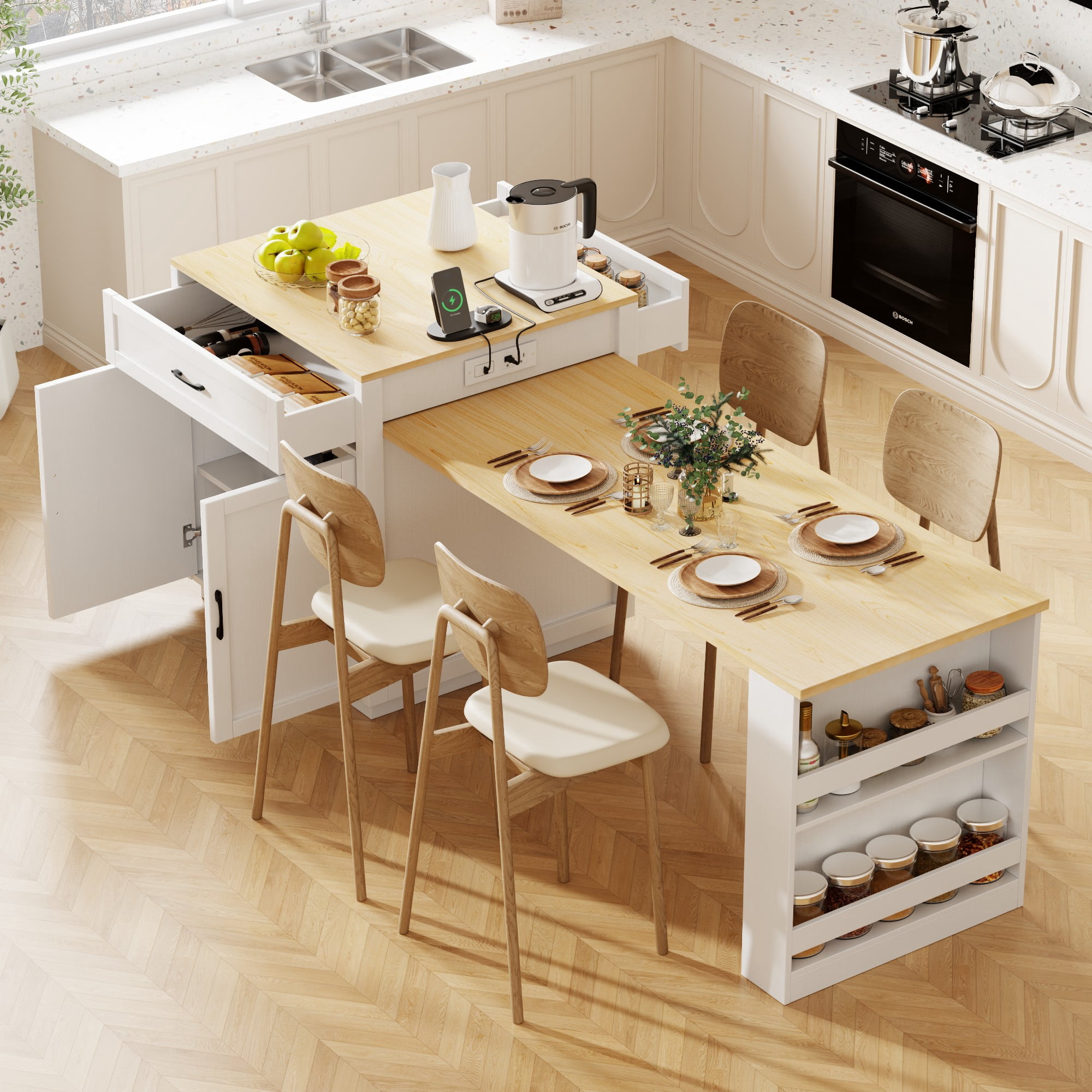 Homy Casa Kitchen Island with Expandable Table, Storage, Power Outlets, White, 82.7"