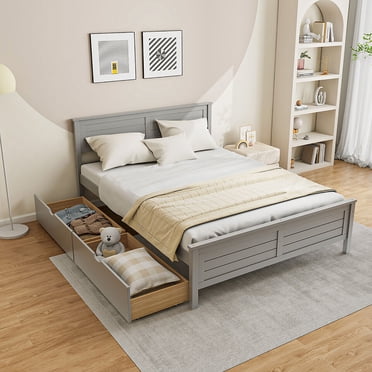 Gymax Full Size Wooden Bed Frame w/ 2 Storage Drawers & Under-bed Storage Gray