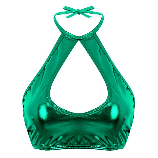 RUNQHUI Women's Shiny Metallic Keyhole Crop Top Halter Backless Rave Bandeau Vest Bra Clubwear Green One Size