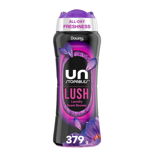 Downy Unstopables In Wash Scent Booster Beads in Lush scent, 379 g black bottle with purple cap and floral graphics, featuring OdourBLOCKER technology for fabric deodorizing and all-day freshness in laundry routines.