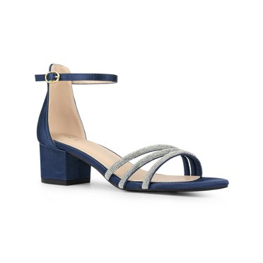 BLISSFUL STEP Women's Heels Satin Rhinestone Open Toe Block Heel Ankle Strap Sandals Navy Blue 6
