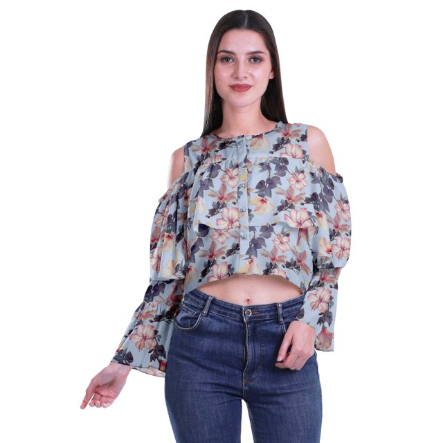 Moomaya Button Front Cold Shoulder Top Printed Casual Loose Blouse Short Top
