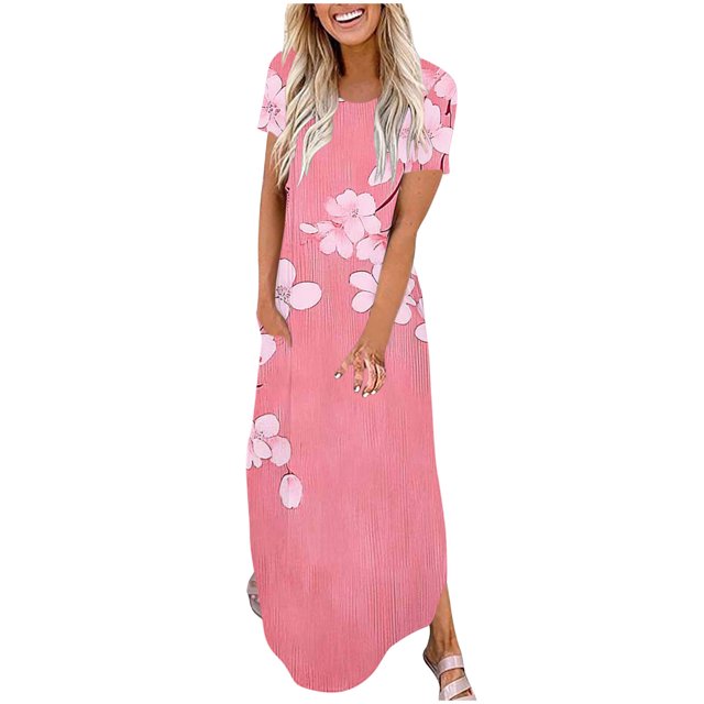 Ovzne Robes pour Femmes 2025 Robe Mode Robe Décontractée pour Femmes Imprimée à Manches Courtes Col Rond Robe avec Poches Grande Taille Robe Maxi à Manches Courtes Imprimée Liquidation