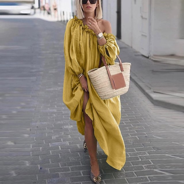 LSLJS Women Plus Size Daily Casual Open Shoulder Vintage Loose Boho Maxi Dress