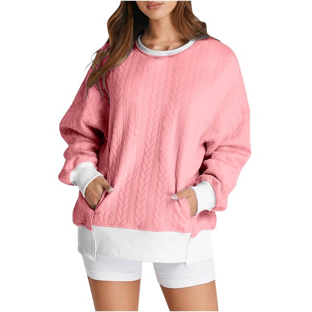 MeetoTime Sweatshirts à Col Rond pour Femmes Automne Manches Longues Pull-Over Surdimensionné avec Poches