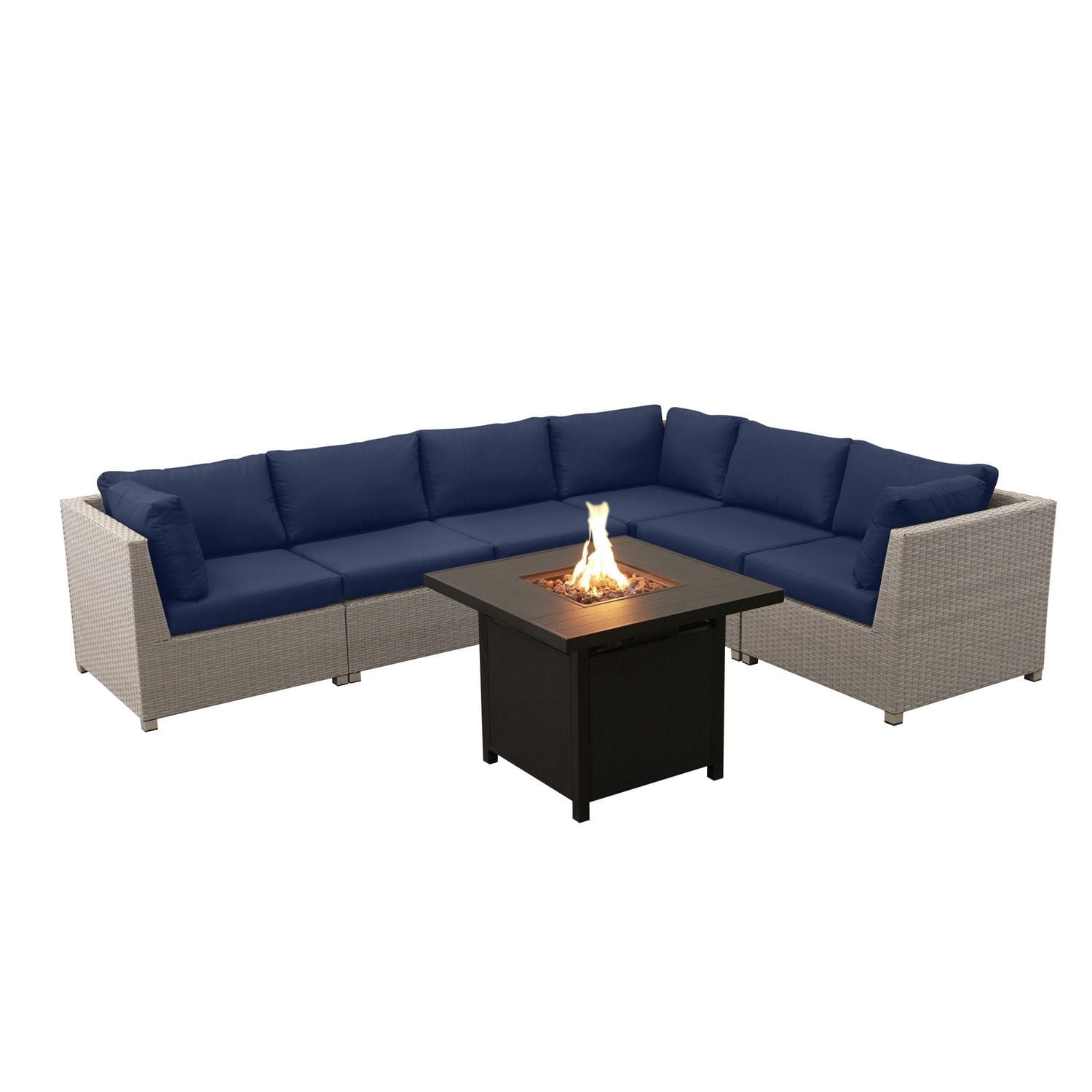 Chambers Bay Collection Ensemble de conversation de patio en aluminium 7 pièces avec coussins bleu marine et table à feu carrée