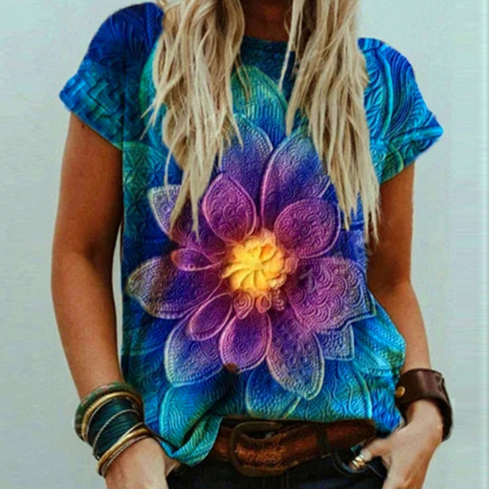 CHGBMOK T-Shirts Grande Taille pour Femmes Été T-Shirt Décontracté à Manches Courtes Imprimé Col Rond Blouse T-Shirt Hauts Dames Hauts de Plage Été en Liquidation