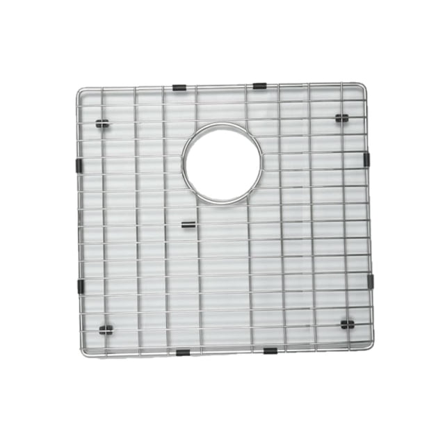 American Imaginations 15-in. W Kitchen Sink Grid AI-34672, a square stainless steel drop-in sink grid with chrome finish, featuring a modern rectangular pattern and central circular drain cutout, equipped with black bumpers to protect granite sinks and organize kitchenware.