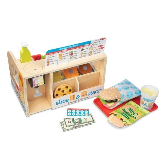 Melissa & Doug Slice-Stack-Serve, Wooden Sandwich Counter Pretend Play Store with Play Food Toys, Play Money & Deli Slicer, Preschool Toys for Kids 3