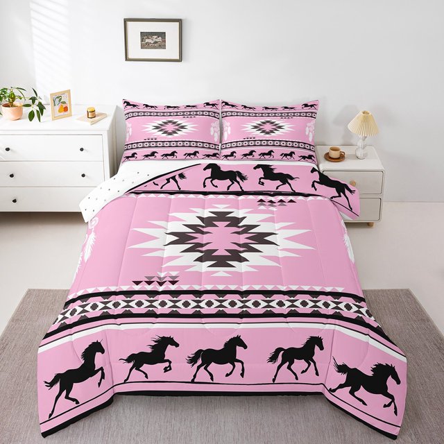 Erosebridal Ensemble de Literie Animal Cheval Simple pour Adolescent, Couette Bohème Hippie Aztèque, Rose Noir, Réversible, Léger, 2 Pcs
