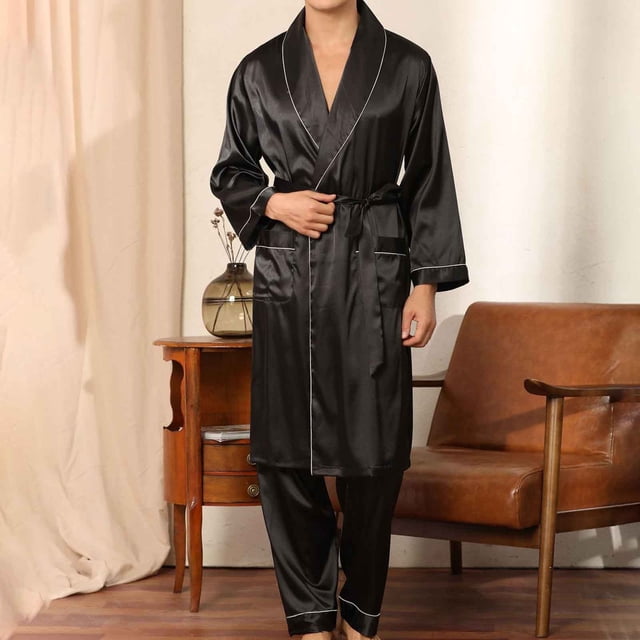 LSLJS Men Solid Casual Long Sleeves Lace-up Home Pocket Long Pajama Robe Shorts, Robes Gifts for Men