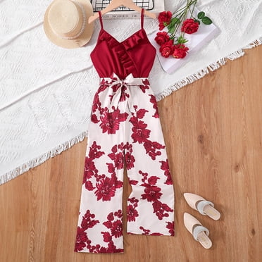 TopLLC Jumpsuit Girls' Casual Sleeveless Jumpsuits V-Neck Strap Loose Printed Romper Long Pants With Belt Girl Pants