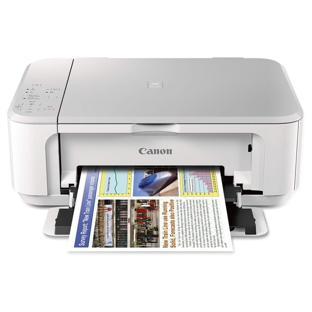 Canon PIXMA MG3620 Wireless All-In-One Color Inkjet Printer in white, featuring a compact design with a front-facing paper output tray. The printer is shown printing a colorful document. It supports wireless printing, scanning, and copying, compatible with mobile and tablet devices using AirPrint and Google Cloud Print. Key features include a hybrid ink system for vivid colors and sharp text, auto 2-sided printing, and a quiet mode for minimal noise.