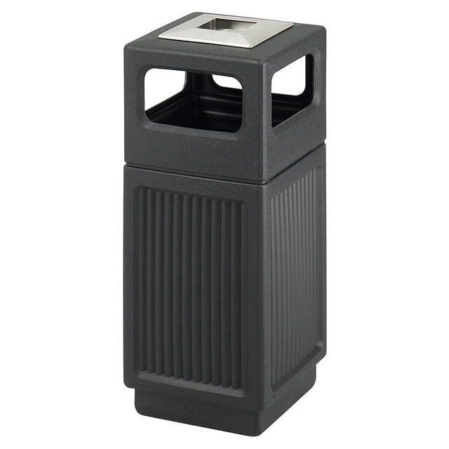 Safco Canmeleon Outdoor Indoor Recessed Panel Trash Can with Ashtray, 15 Gal. A black, rectangular trash can with recessed panels and a stainless steel ashtray on top. Made of durable high-density polyethylene with UV inhibitors, it is suitable for outdoor and indoor use. The trash can has a 15-gallon capacity, measures 18 x 18 x 35 inches, and accommodates 32 to 44-inch trash bags. Features a solid bottom panel for stability and a secure lid to protect contents from wind and critters.