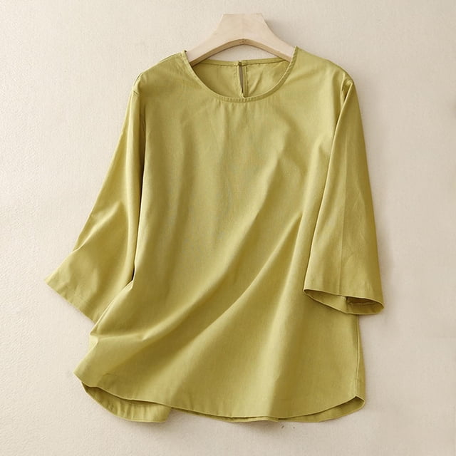 Meichang Chemises en Lin pour Femmes Été Rétro Manches 3/4 Hauts pour Femmes T-Shirts Basiques Coupe Ample Col Rond T-Shirts Vintage Blouses Grande Taille