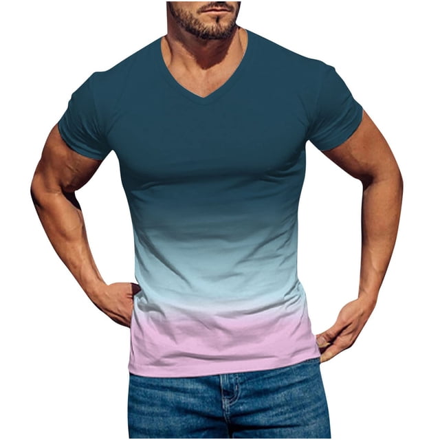 LSLJS T-Shirt à Imprimé Dégradé pour Hommes, Manches Courtes, Col en V, Pull Athlétique