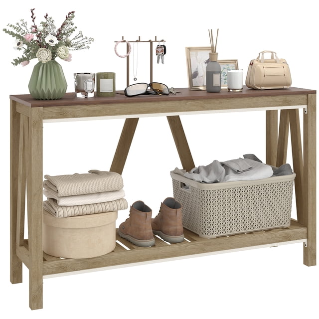 HOMCOM Farmhouse Console Table with Storage Shelf Anti-tipper for Entryway