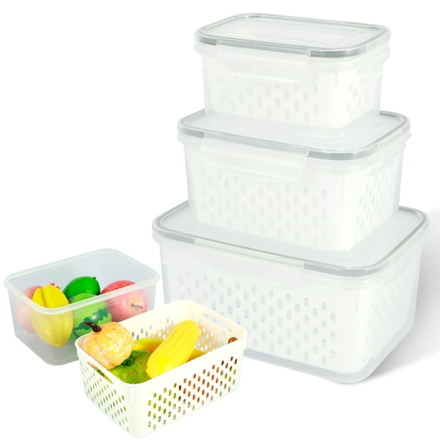 EASTIN 3pcs Fruit Storage Containers for Fridge Produce Saver Vegetable Container with Drain Colanders - Refrigerator Organizer for Lettuce Berry Keepers (White)