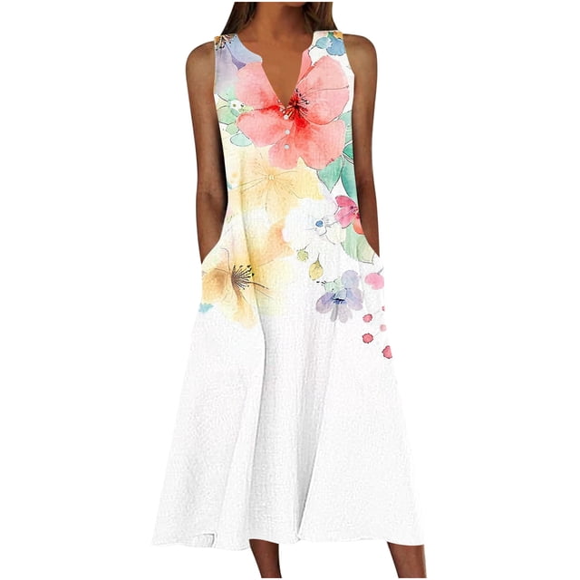 Ovzne Robes d'Été pour Femmes 2025 Robe Robe d'Été Décontractée pour Femmes Dégradé Sans Manches Col en V Longue Robe Grande Taille Robe Maxi Liquidation