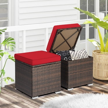 Gymax 2 Pcs Poufs d'Extérieur pour Patio Repose-Pieds en Rotin PE Tressé à la Main avec Coussins Amovibles Rouge