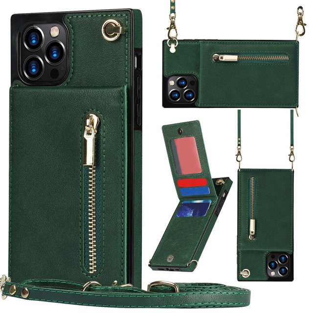 Wallet Case for iphone PU Zipper Wallet Smartphone Case with Card Holder & Shoulder Strap