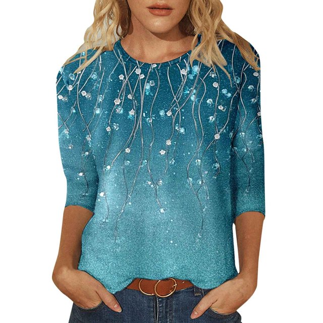 Hauts d'Été pour Femmes à Paillettes Imprimés Décontractés Col Rond Manches Trois-Quarts T-Shirts Surdimensionnés pour Femmes Marine m